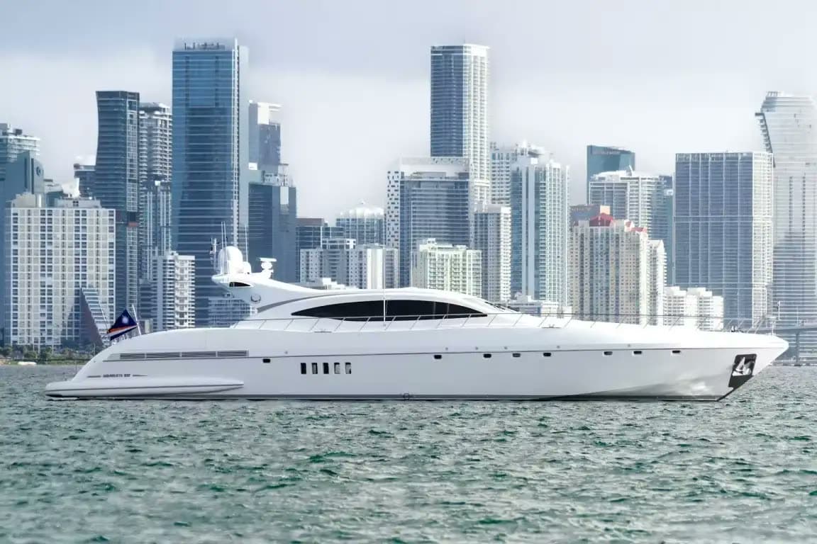 A 108-foot Mangusta open sport yacht underway off Miami